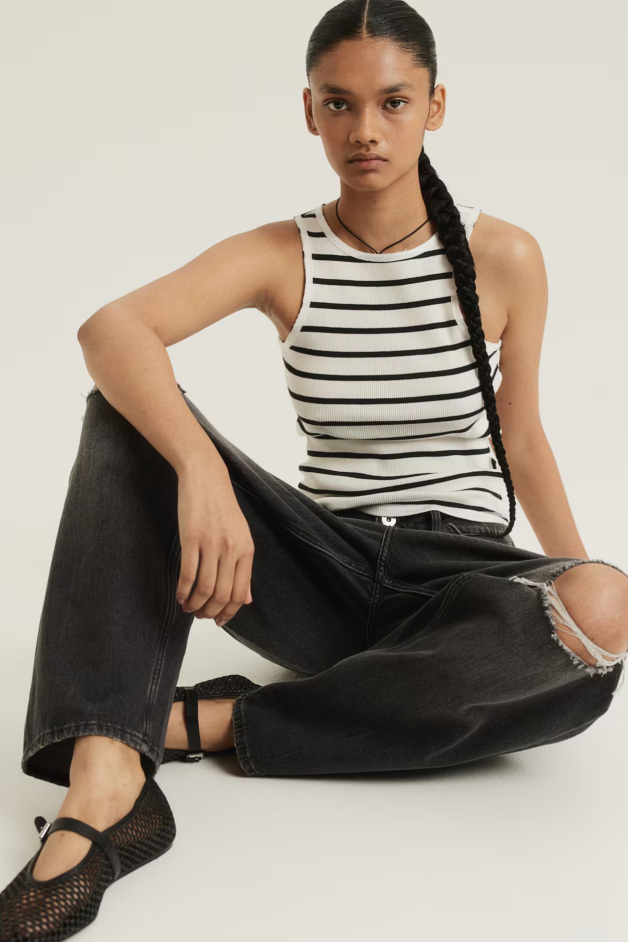 Ribbed vest top - Sleeveless - Regular length - Cream/Striped - Ladies | H&M GB | H&M (UK, MY, IN, SG, PH, TW, HK)