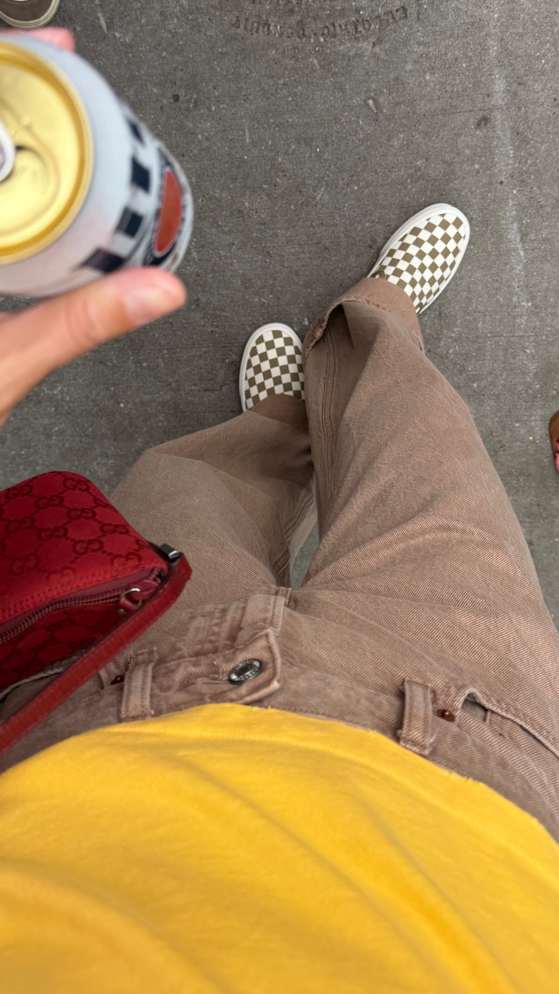 Wore to baseball game! Small tee, 24 short jeans. Bag is vintage