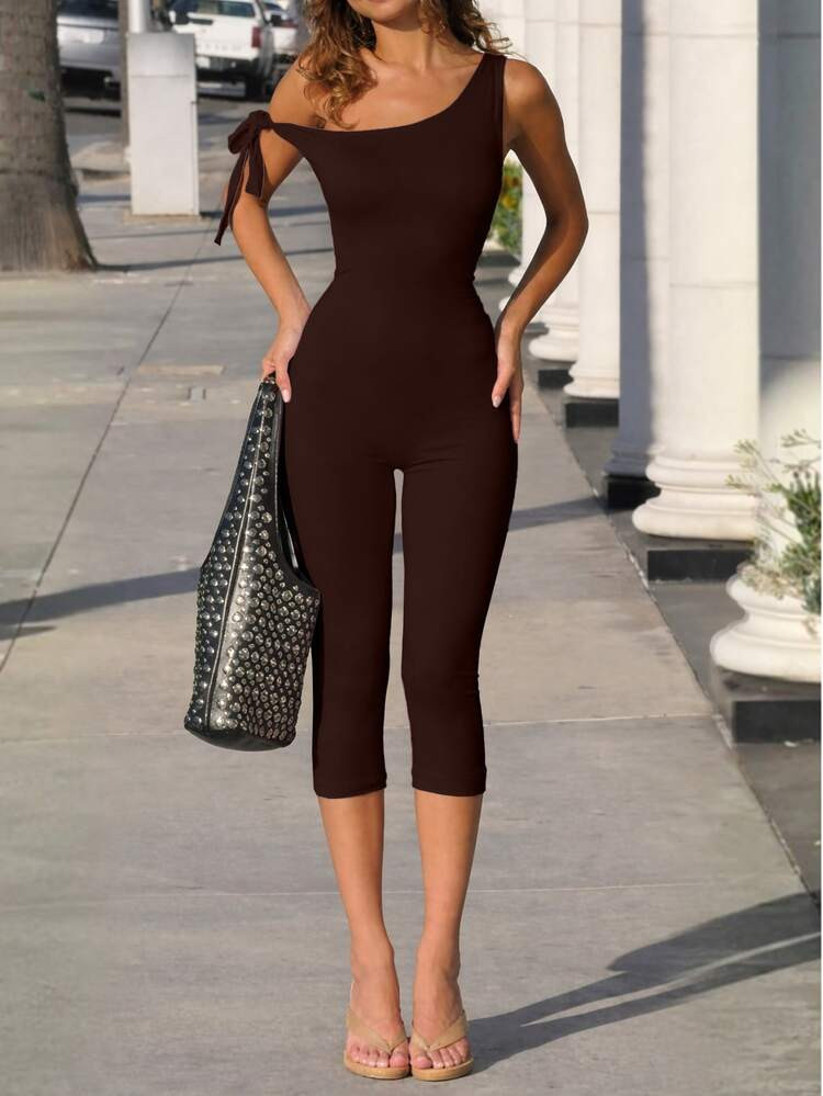 VIVINA Women's Spring/Summer Fashion Solid Color Asymmetric Tie-Up Slim Fit Jumpsuit, Versatile Daily Wear Elegant Jumpsuit Vacation | SHEIN