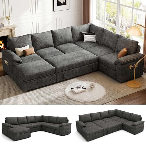 SUAWY 108 Inch Sectional Sleeper Sofa with Pull Out Bed, U Shaped 7 Seat Modular Sectional Sofa with Storage, Sectional Couches for Living Room, Cloud Modular Couch,Removable Sofa Cover, Dark Grey | Amazon (US)