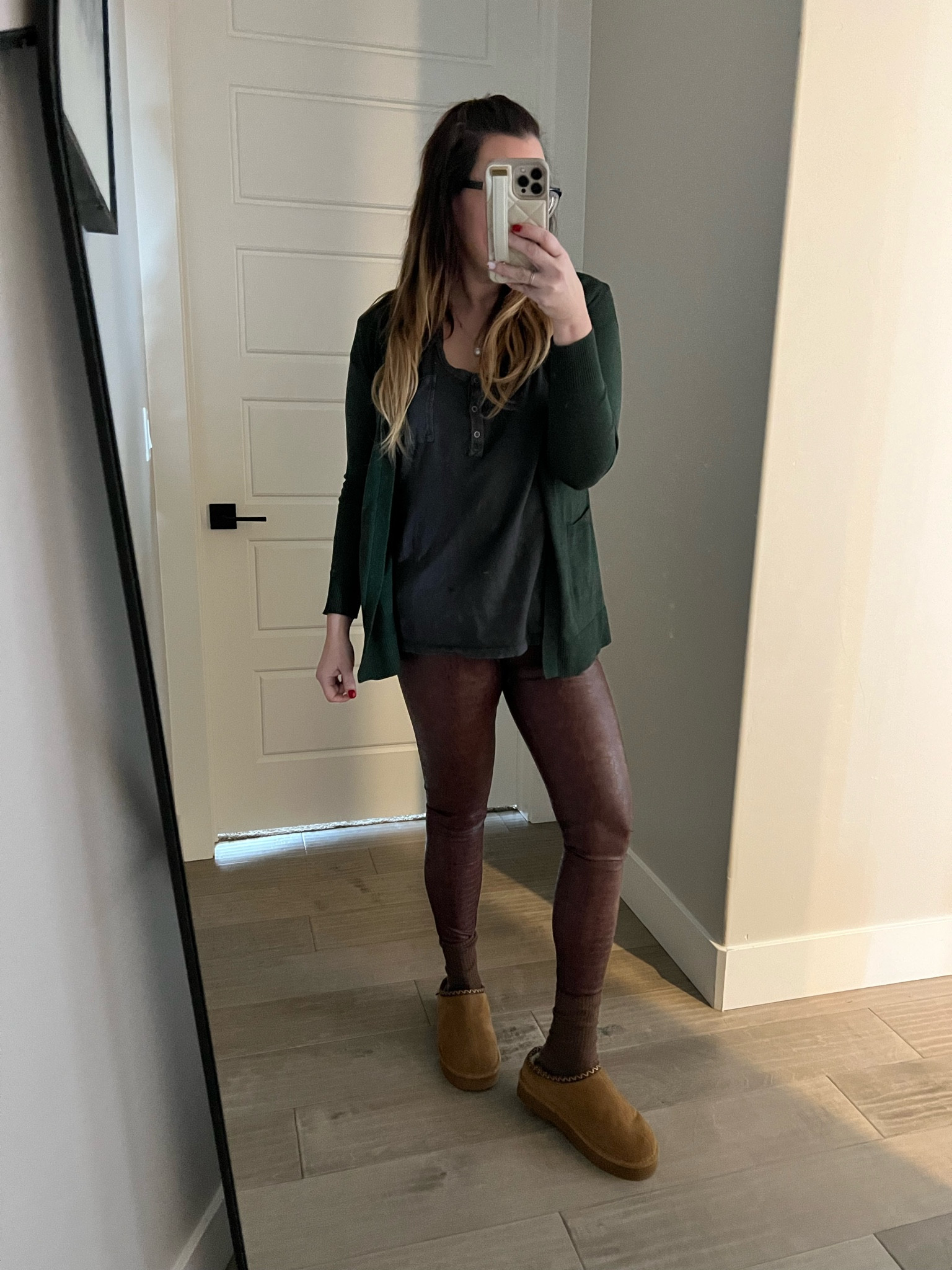 Work at home leggings outfit:
Faux leather leggings, slouch socks, slip on uggs, cardigan #cozy #comfy #wfh 

#LTKfindsunder50 #LTKmidsize #LTKover40
