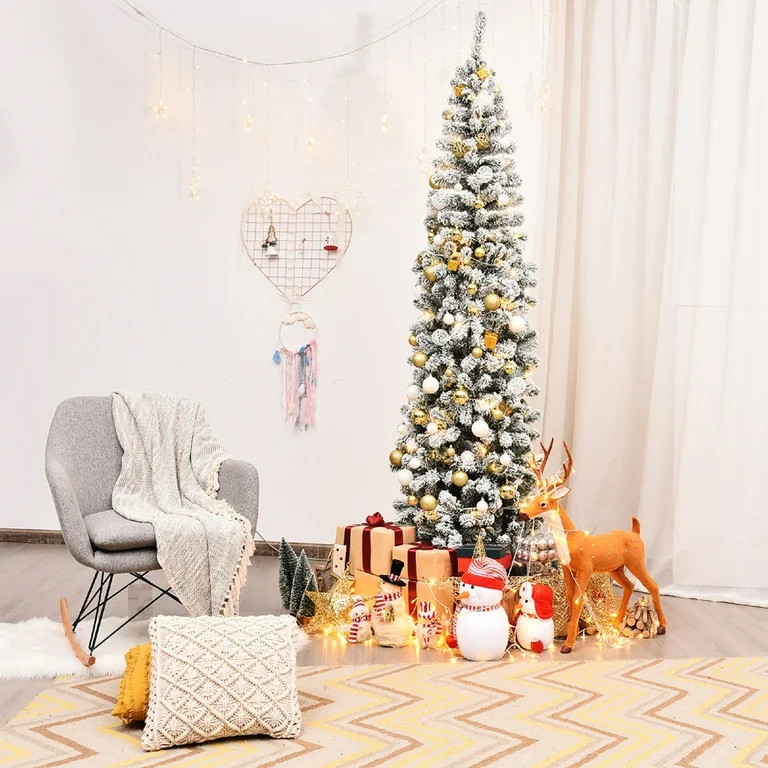 Costway 7.5Ft Unlit Hinged Snow Flocked Artificial Pencil Christmas Tree with 641 Tips | Walmart (US)