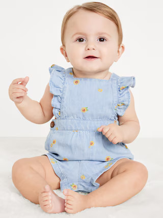 Printed Ruffle-Trim Chambray Shortalls for Baby | Old Navy (US)