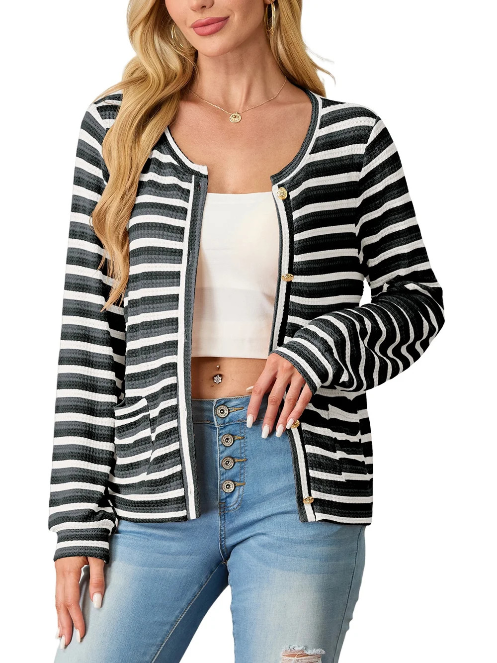 JWD Women's cardigan long sleeved button knit stripe with pocket Black Stripe S - Walmart.com | Walmart (US)