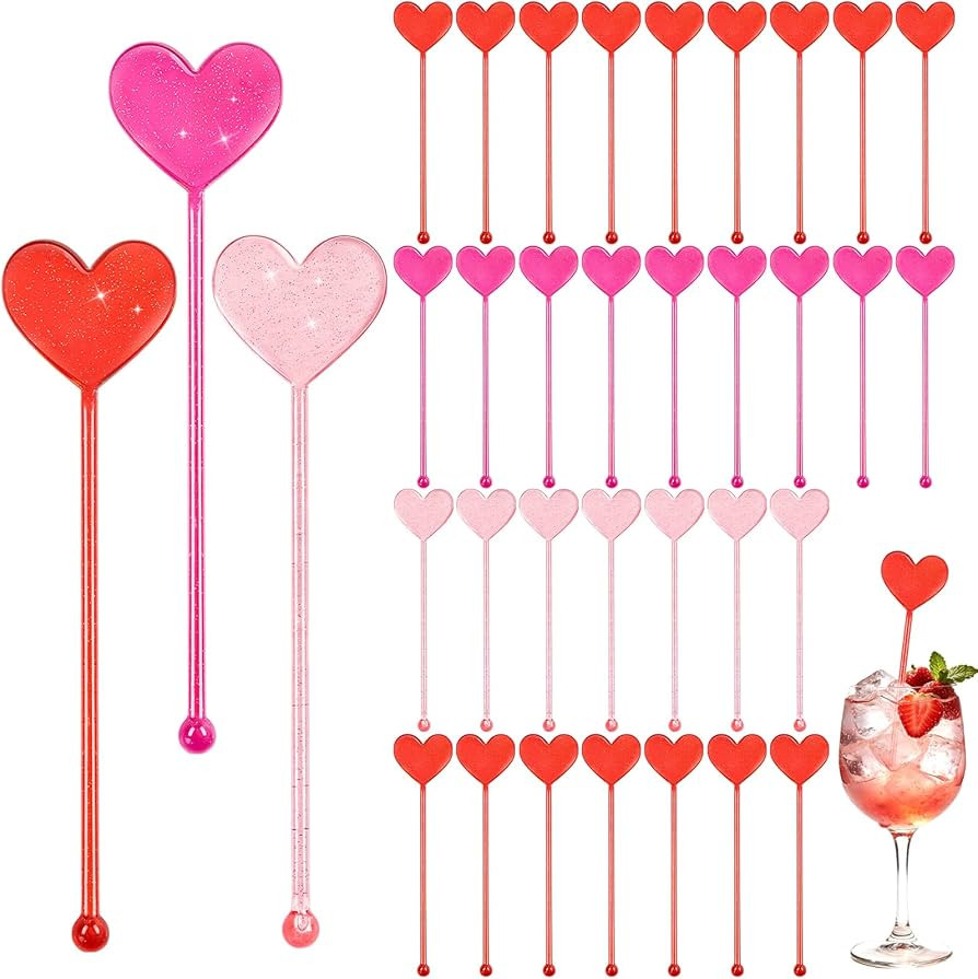 Jansun 36 Pcs Valentine's Day Drink Stirrers, Heart Shape Cocktail Stirrers with Glitter, Pink Co... | Amazon (US)