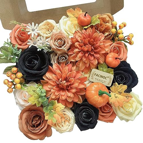 FACINOC Roses Artificial Flowers Fall Orange Black Bouquet Box Set for DIY Halloween Wreath Autumn Wedding Bridal Shower Decorations Party Table Centerpieces Fake Floral Arrangement Home Decor Indoor | Amazon (US)