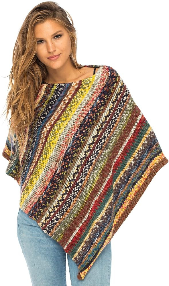 Back From Bali Womens Colorful Knit Poncho Sweater Cape Soft Striped Boho Tunic Shawl | Amazon (US)
