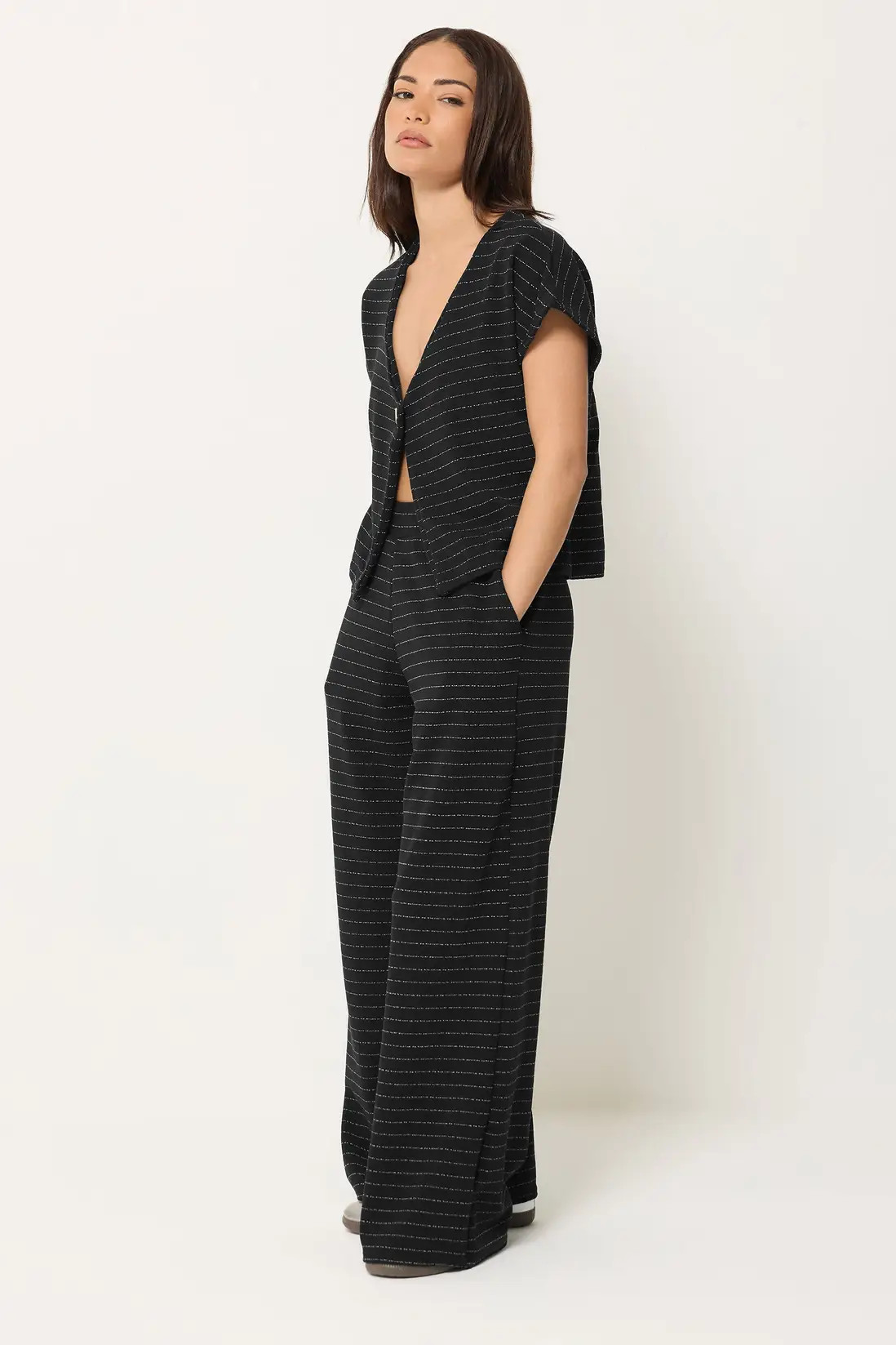 Black PixieGirl Petite Button Top & Wide Leg Trousers | Debenhams | Debenhams UK
