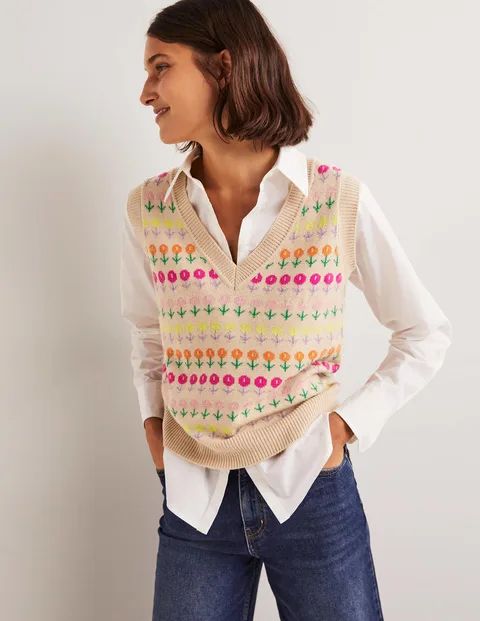 V-neck Knitted Sweater Vest - Chinchilla Melange, Floral | Boden (US)