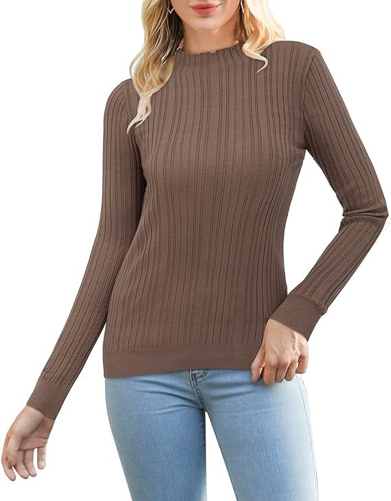 LAISHEN Women's Mock Turtleneck Lightweight Stretchy Long Sleeve Pullover Fitted Cable Knit Sweat... | Amazon (US)