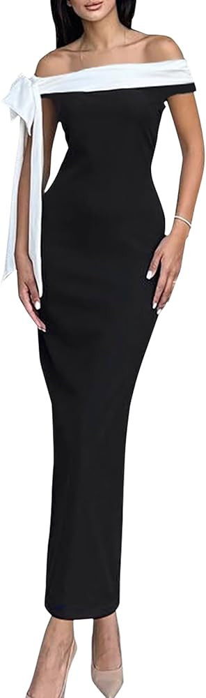 Women Sexy Off Shoulder Bow Tie Long Maxi Dress Color Block Bodycon Night Club Party Long Dress | Amazon (US)