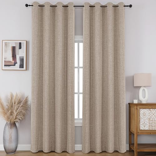 CUCRAF 100% Blackout Window Curtains 84 inches Long 2 Panels Set, Faux Linen Look Thermal Insulated Grommet Drapes, Room Darkening Curtain for Bedroom Living Room(W52 x L84 Inch, Light Khaki) | Amazon (US)