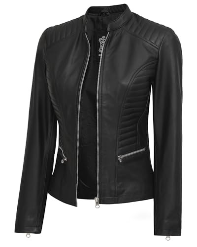 fjackets Real Black Leather Jacket Women - Cafe Racer Slim Fit Womens Leather Jacket Stand Collar | [1310424] N185, L | Amazon (US)