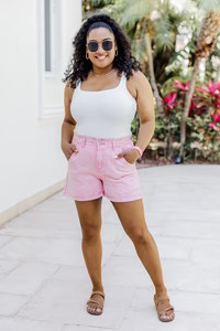 All The Pretty Girls Pink Paperbag Waist Acid Wash Shorts | Pink Lily