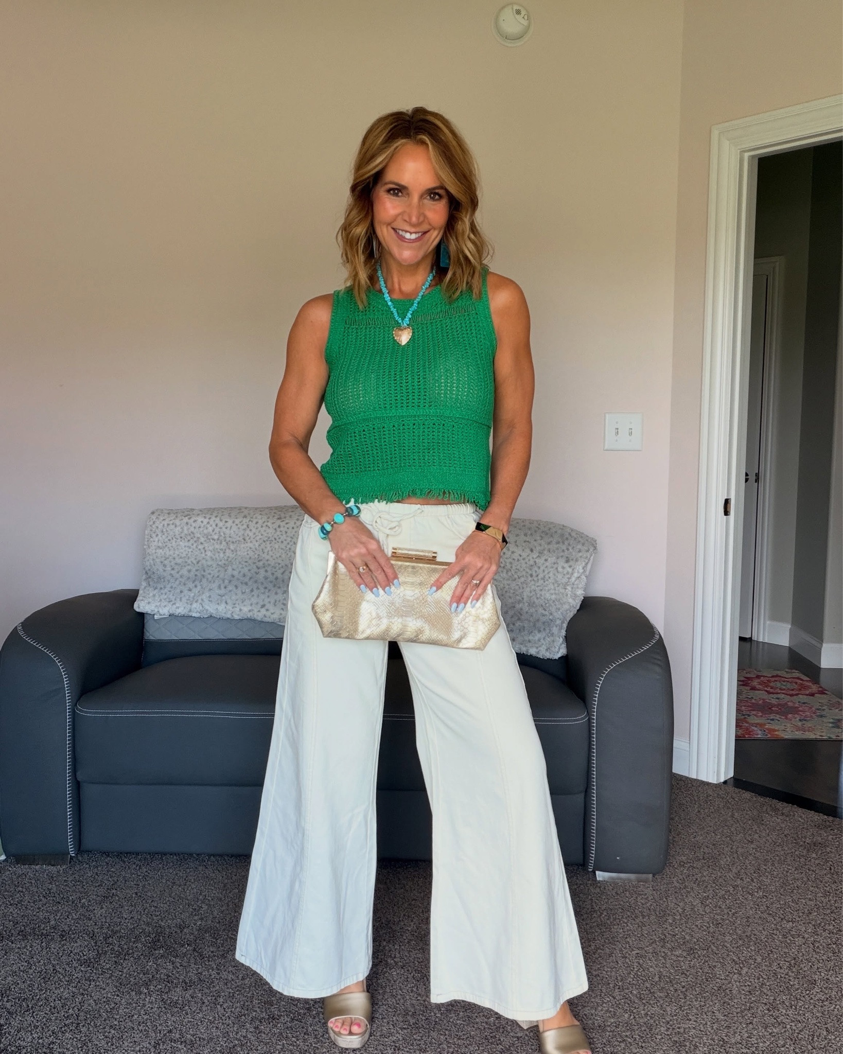 These flare drawstring pants can be dressed up or down. And the detail and color of this green top - gorgeous!￼
Wearing a small in both! The pants come in 2 colors. 

summer style, flares, style Inspo, green tops, casual look

#LTKOver40 #LTKootd