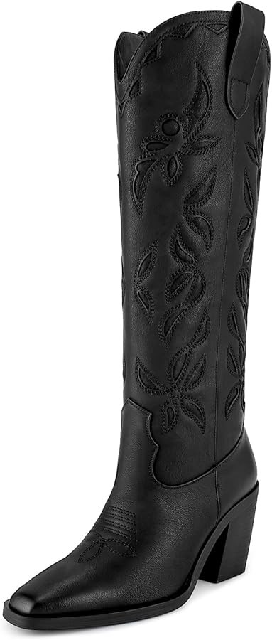 ISNOM Knee High Cowboy Cowgirl Boots for Women, Western Boots with Pull On Tab, Chunky Heel Desig... | Amazon (US)