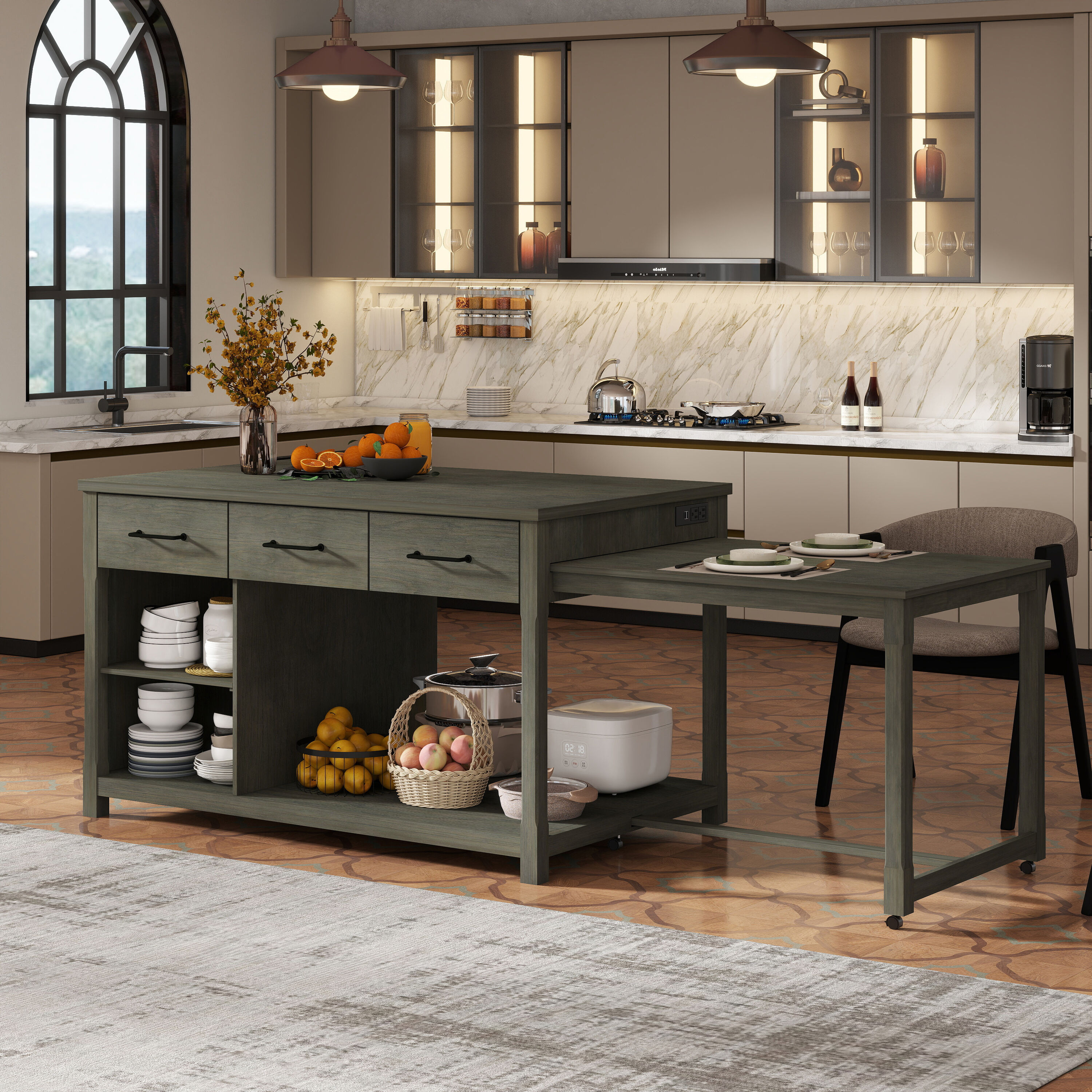 ModernLuxe Extendable Kitchen Island with Storage MultiFunctional Kitchen Cart with BuiltIn Power Outlets Retro Kitchen Island on Wheels with Drawers | Lowe's