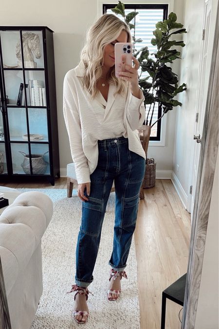 Date night summer look! My jeans are on major SALE - RARE!!  
Utility jeans: tts
Blouse: s - also comes in short sleeve

Casual outfits. Utility jeans. Blouse. Jeans. Summer outfit. 

#LTKSaleAlert #LTKFindsUnder100 #LTKStyleTip