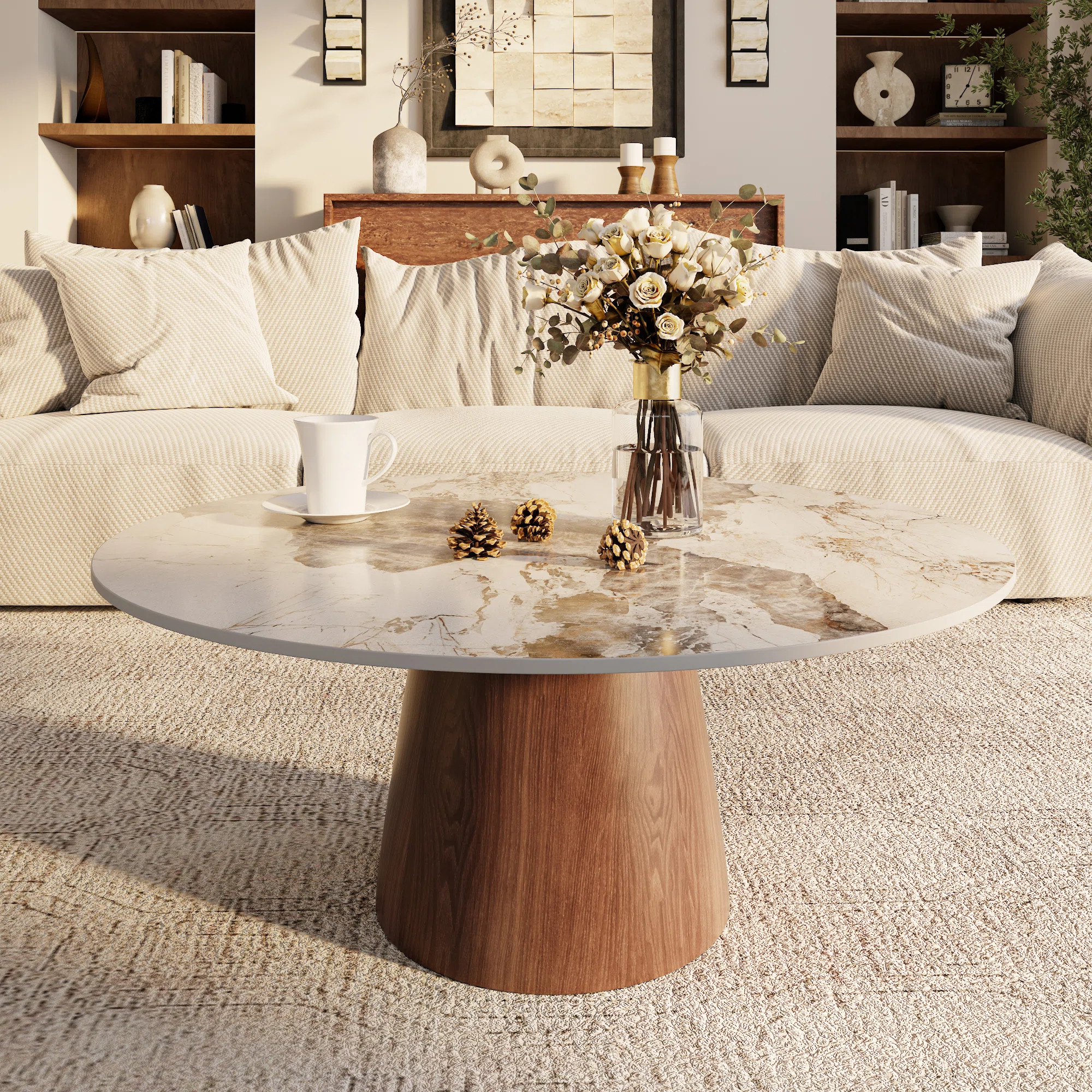 Mid-Century Modern Round Coffee Table Stone Marble Effect Wooden Pedestal Table For Living Room &... | Wayfair North America