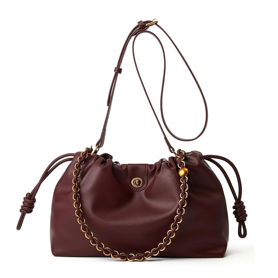 Bucket Hobo Purse for Women. Designer Drawstring Shoulder Bag with Top Chain Tote Handle and Long... | Amazon (US)