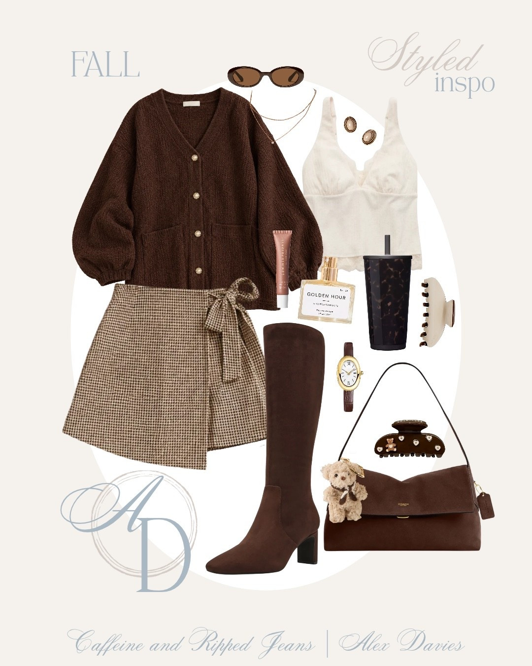 // fall outfit inspo // brown cardigan // houndstooth skirt // houndstooth skort // brown suede boots // brown suede bag // teddy bear bag charm // brown suede coach bag // lace tank // claw clip // emi jay teddy bear claw clip // tortoise shell cup // sunglasses // mocha bonbon summer Fridays lip balm // brown leather watch //

#LTKgrwm #LTKootd #LTKSeasonal