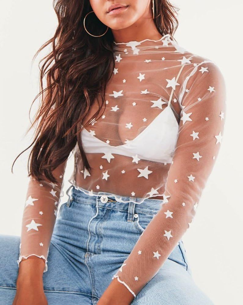 Crop Tops for Women Sexy Sheer Top Cover Up Swim Beach Mesh Top with Stars | Amazon (US)