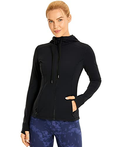 CRZ YOGA Women's Brushed Full Zip Hoodie Jacket Sportswear Hooded Workout Track Running Jacket with Zip Pockets Black Small | Amazon (US)
