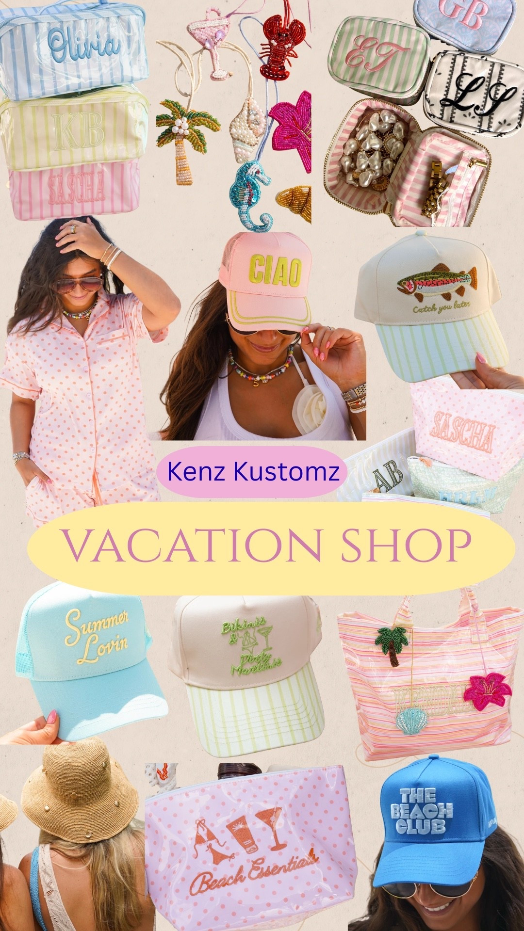 Cutest summer accessories!!! 
Personalize everything for your next beach look👙⛱️🏝️🐚
@KenzKustomz 
#summer #beach #hat #bag

#LTKTravel #LTKSwim #LTKU