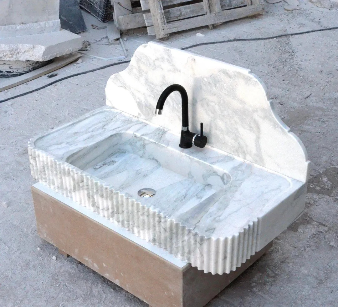 Ready to Ship Calacatta Viola Marble Sink, Grooved Front, Hand Carved Sink, Marble Sink, Round Co... | Etsy (US)