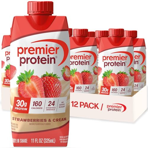 Premier Protein Shake, Strawberries & Cream, 30g Protein, No Added Sugar, 24 Vitamins & Minerals to Support Immune Health, 11 fl oz, 12 Pack | Amazon (US)