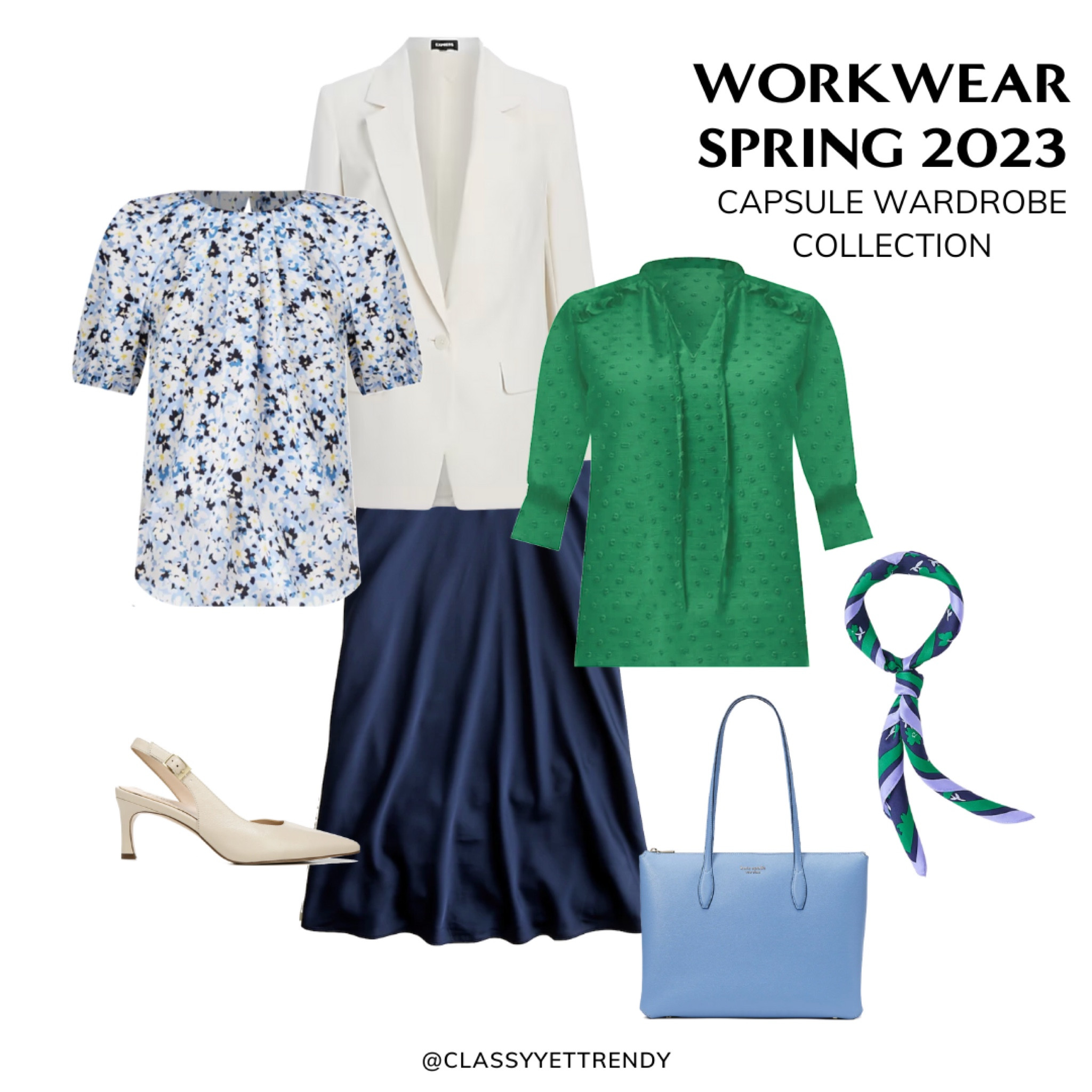 If you need outfits for the Professional Workplace, you will love the Workwear Capsule Wardrobe: Spring 2023 Collection!  The accent colors of the color palette includes blue topaz, emerald and amethyst.  Get your capsule wardrobe at ClassyYetTrendyStore.com