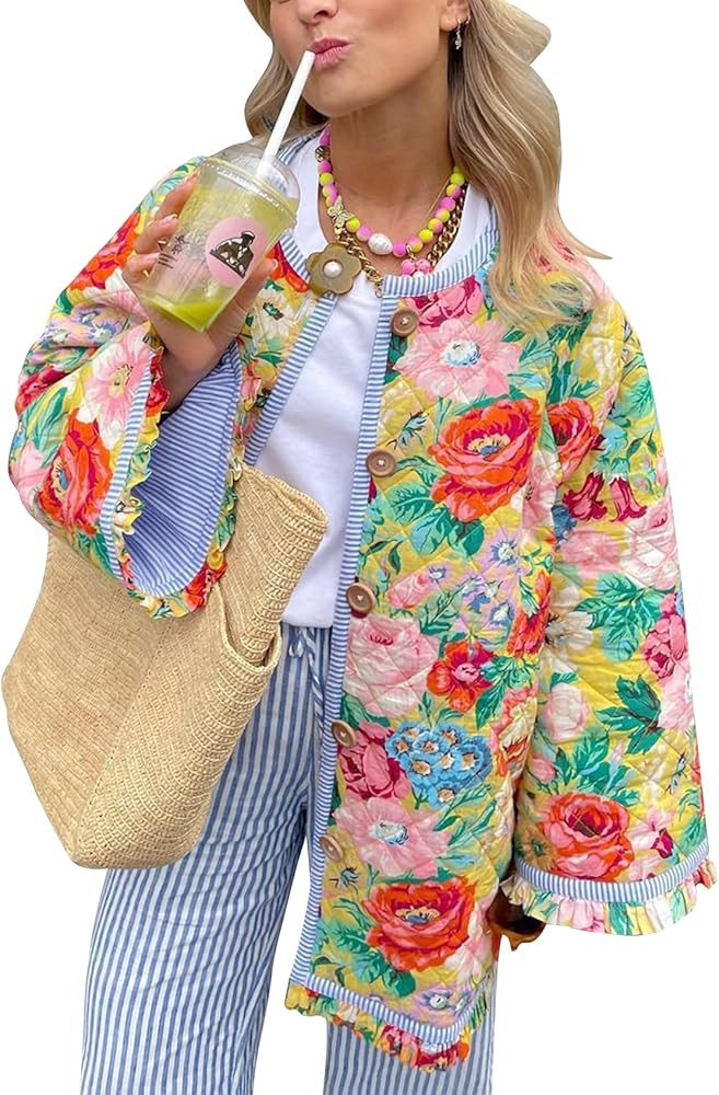 COZYPOIN Women Floral Printed Quilted Jacket Colorblock Lightweight Padded Jacket Puffer Coat Out... | Amazon (CA)