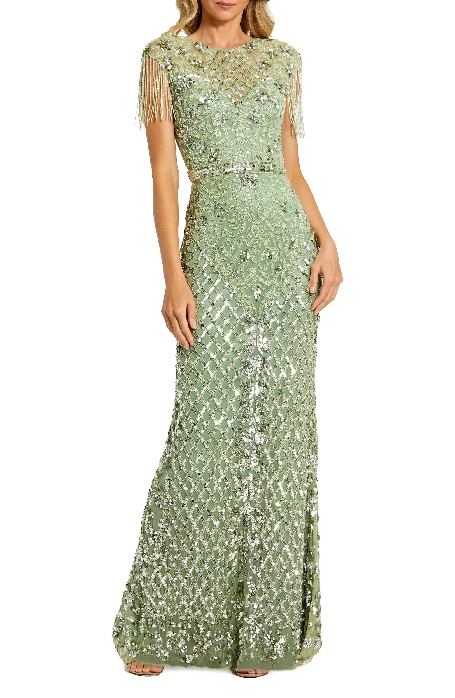 Women's High Neck Beaded Fringe Fitted Gown | Nordstrom