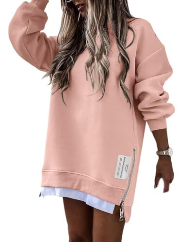 CHICME Womens Long Sleeve Sweatshirt Zipper Slit Sweatshirt Dress Casual Pullover Tops Fall Outfit Light Pink-M | Amazon (US)