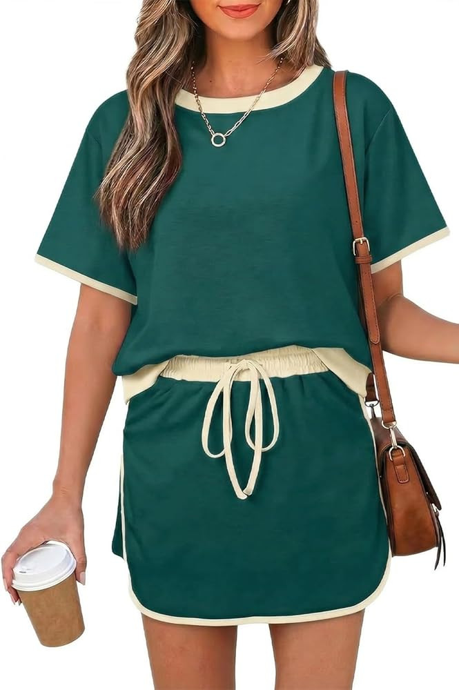 Womens 2 Piece Skort Set 2026 Color Block Short Sleeve Top Drawstring Skort Matching Sets Casual ... | Amazon (US)