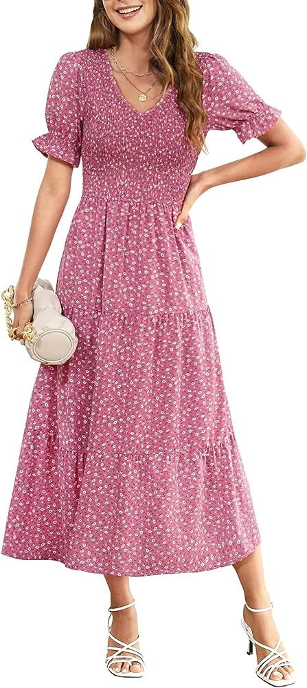 Kranda Women V Neck Short Puff Sleeve Solid Floral Midi Dresses - Fall Photos - Fall Family Photos  | Amazon (US)