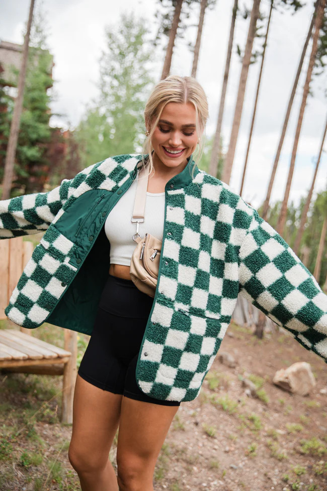 Check This Out Hunter Green Checkered Sherpa Jacket | Pink Lily