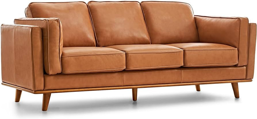 Valencia Artisan Modern Top Grain Leather Sofa with Wooden Base, Brown Color | Amazon (US)