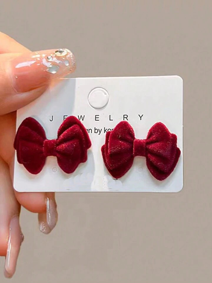1 Pair Red Velvet Bow Stud Earrings, Sweet Design Suitable For Women's Daily Wear, Autumn/Winter | SHEIN