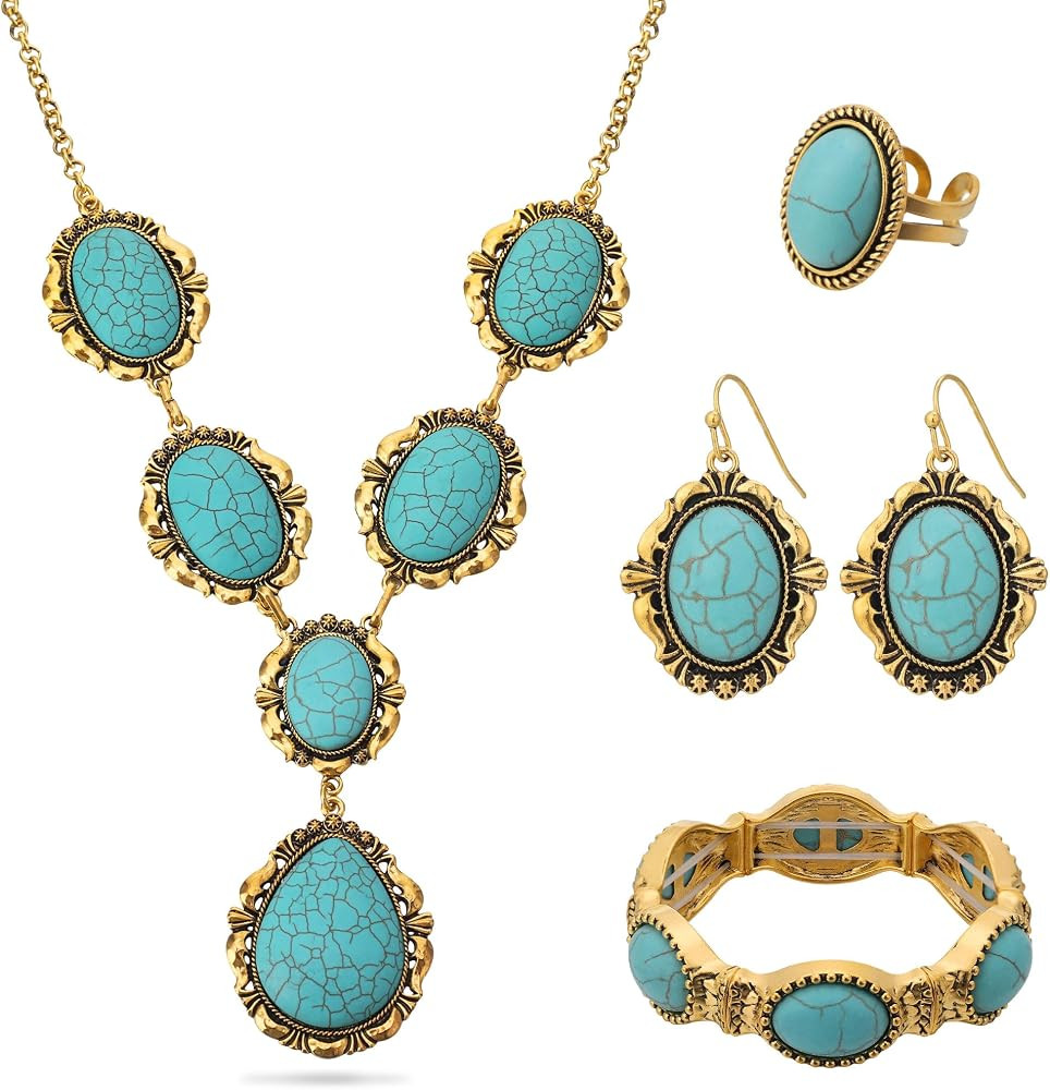 4 PCS Western Turquoise Jewelry for Women Boho Vintage Navajo Pearl Necklace Earring Bracelet Rin... | Amazon (US)