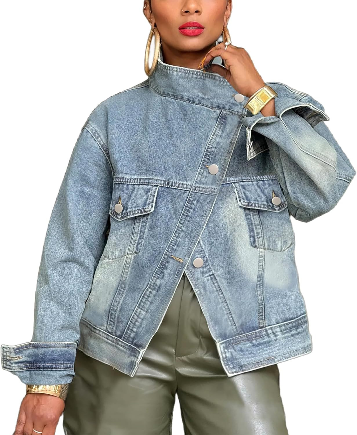 Denim Jacket Women Casual Long Sleeve Button Down Stand Collar Asymmetric Jean Jacket Streetwear | Amazon (US)