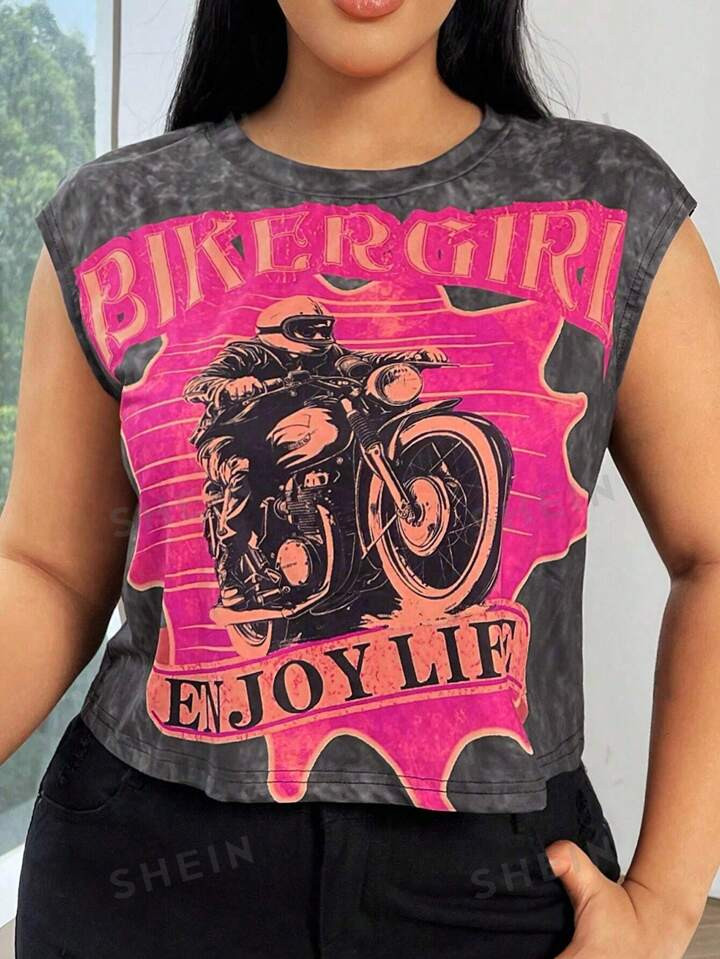 SHEIN EZwear Plus Size Summer Casual Color Block Character & Letter Printed Wide Shoulder Tank To... | SHEIN