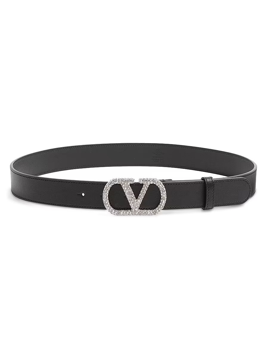 Women's Vlogo Signature Belt in Shiny Calfskin with Crystals - Black - Size Small | Saks Fifth Avenue