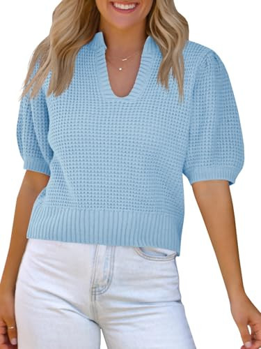 Saodimallsu Womens Puff Short Sleeve Sweater Top Waffle Knit V Neck Spring Summer Cropped Trendy Cute Shirts Blouses Light Blue | Amazon (US)