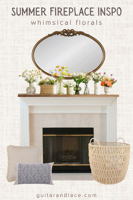 Summer fireplace ideas. Fireplace decor. Fireplace mantle decor. Flowers on fireplace mantle. Fireplace mirror. 

#LTKHome #LTKSeasonal #LTKSaleAlert