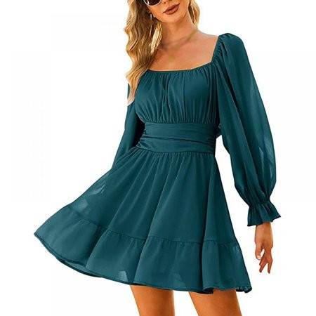 Women Tie Back Long Lantern Sleeve Square Neck Ruffle Dress Elastic Waist Aline Casual Mini Dress | Walmart (US)