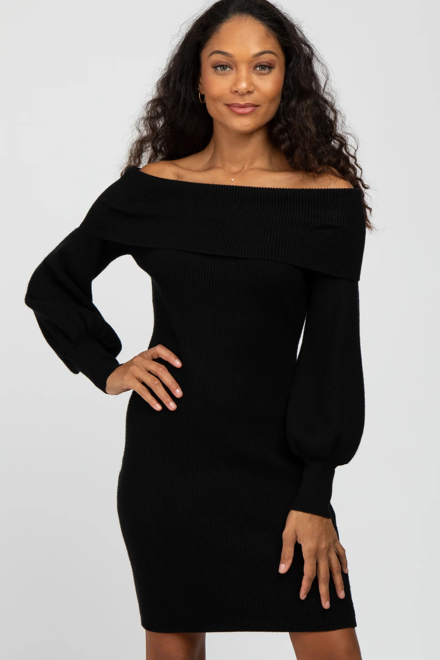 Black Off Shoulder Bubble Sleeve Sweater Dress | PinkBlush Maternity