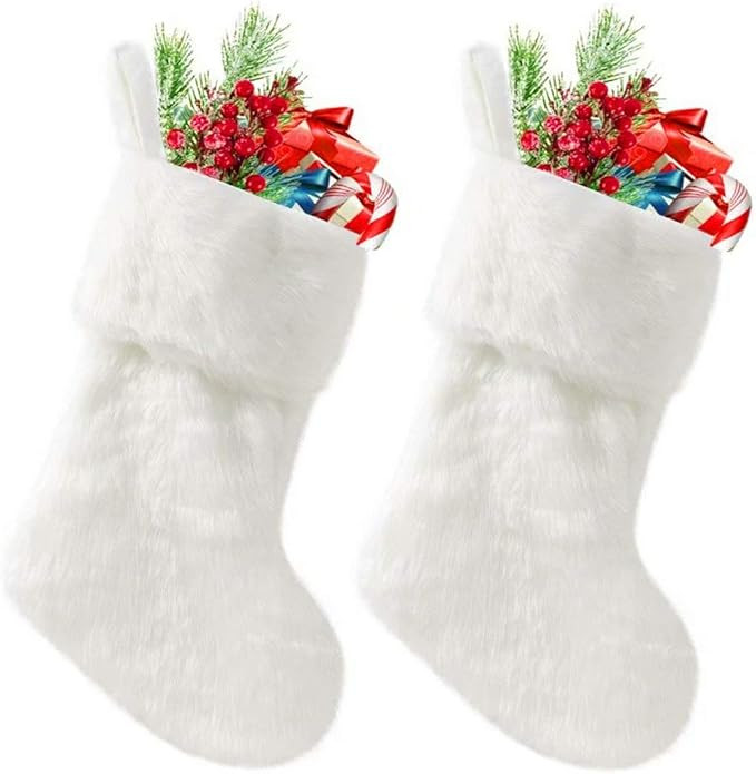 White Christmas Stockings 2 PCS 20 Inch Faux Fur Large Christmas Stocking for Hanging Decorations | Amazon (US)
