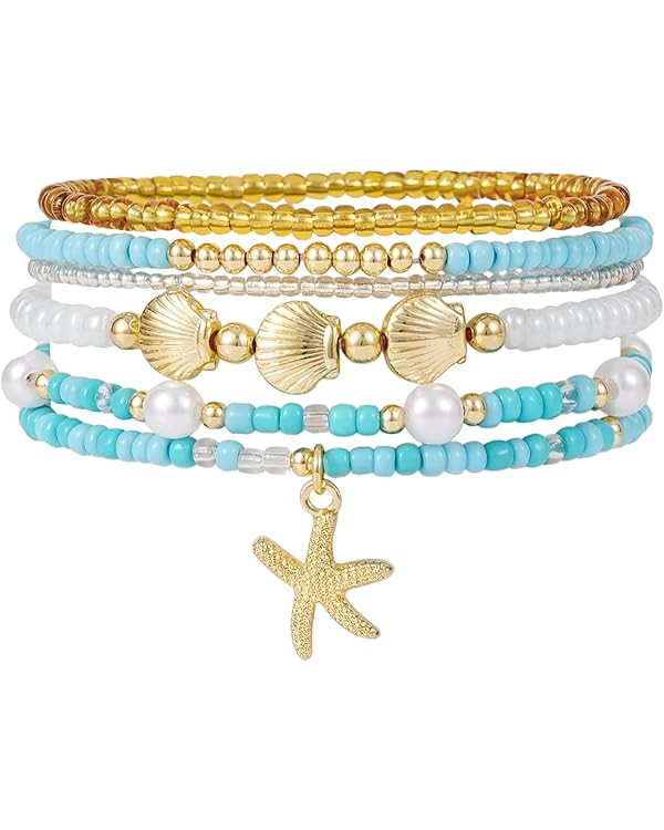 Shell Bracelet Boho Beaded Stretch Bracelets for Women Seashell Strand Bracelets Starfish Charm J... | Amazon (US)