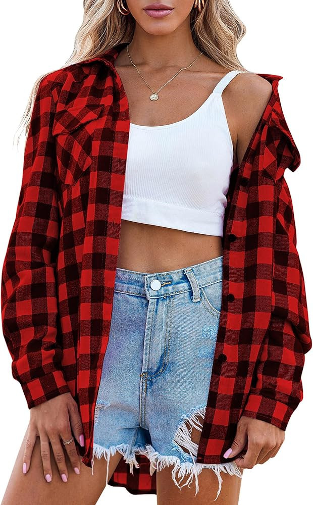 Zeagoo Womens Flannel Shirts Long/Roll Up Sleeve Collared Button Down Plaid Shirt Casual Work Top... | Amazon (US)